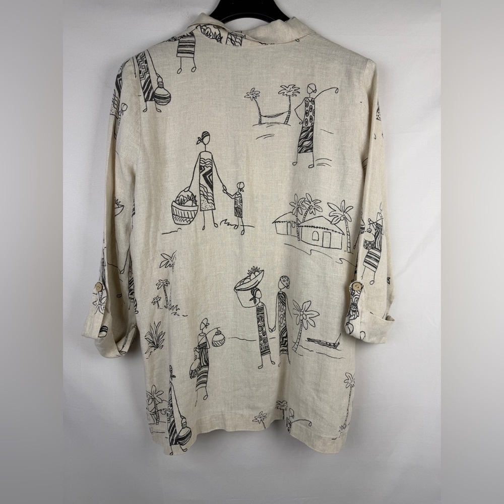 Hot Cotton by Marc Ware 100% Linen Shirt Women's Artsy Tribal Line Art L - Picture 5 of 6